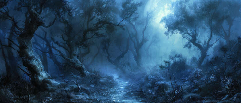 Path in dark haunted forest with fog, spooky trees in misty fairy tale woods at night. Theme of horror, fantasy, movie, mist, moon, scary