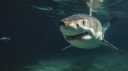 close-up portrait of a Great White Shark swimming looking for prey. natural background