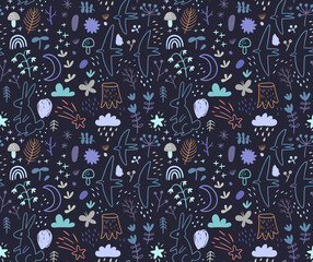 Seamless pattern with forest, animals, and plants - 764931019