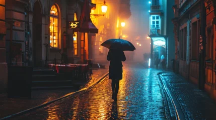 Foto op Plexiglas Silhouette of a girl with umbrella walking in rain in street with historic buildings in the city of Prague, Czech Republic in Europe. © rabbit75_fot