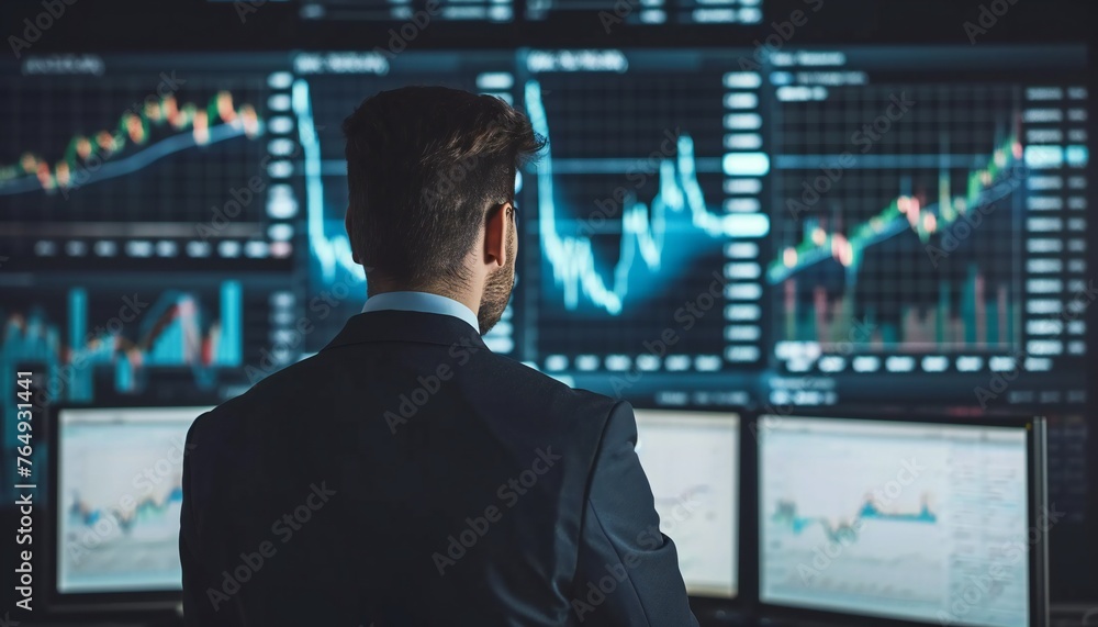 Poster analyzing financial charts on multiple computer screens