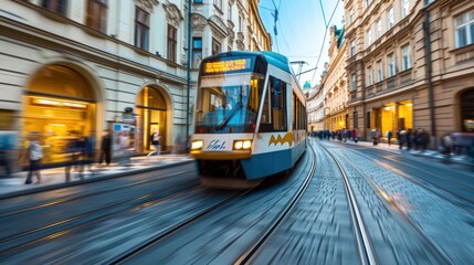 A tram in the street of Prague. Czech Republic in Europe. - obrazy, fototapety, plakaty