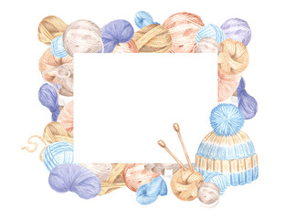 Watercolor horizontal frame with knited hat, balls and skeins of wool, knitting needles. Isolated hand drawn illustration with copy space. Template for knitter blog, needlework store, card, sticker.