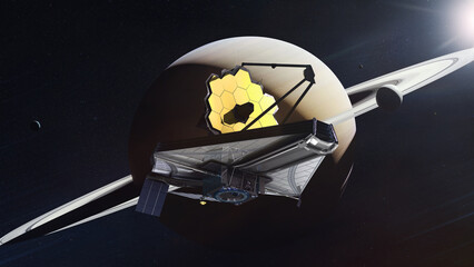 James Webb telescope explores deep space close to Saturn planet. Elements of this image furnished...