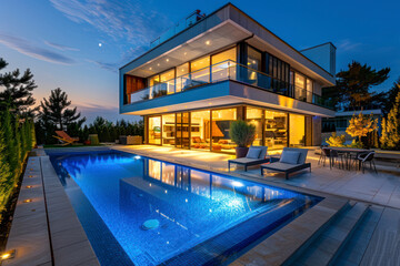 Fototapeta na wymiar Modern villa with pool, night scene.