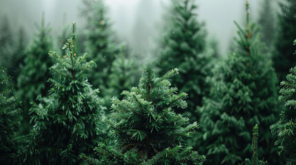 Realistic photography of coniferous forest. Abstract background of a northern forest