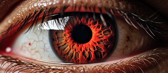 An extreme close-up of a human eye displaying a vivid red coloration, possibly due to irritation or exhaustion - obrazy, fototapety, plakaty