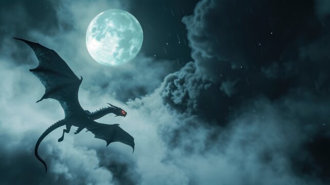 Powerful dragon flying in sky with clouds and moon.