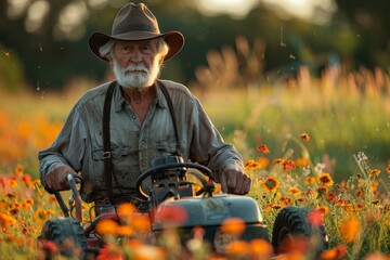 An elderly farmer diligently working the land on a tractor amongst a field of flowers during sunset