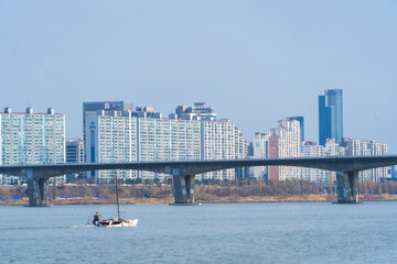 Seoul Downtown with river lake skyline, South Korea. Financial district and business centers in smart urban city in Asia. Skyscraper and high-rise buildings. - 764932870