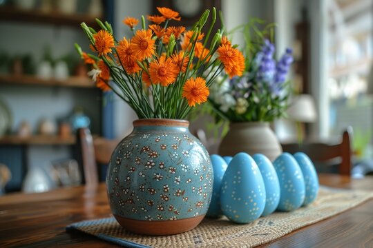 A decorative setup of orange flowers and matching painted Easter eggs