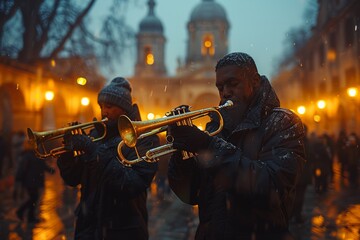 In a rain-drenched urban night, two musicians, hidden faces, play trumpets passionately amidst...