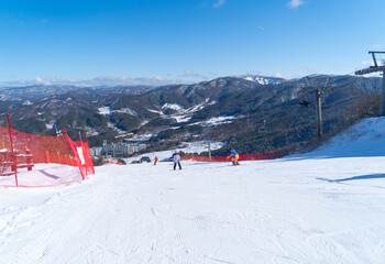 Ski resort with snow mountain, sport recreation in winter season. - 764933477