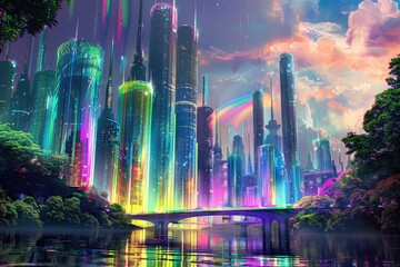 A futuristic cityscape with corporate towers growing like trees and bridges made of rainbows