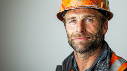 Rugged construction worker with a beard wearing a yellow hard hat, gazing intently - obrazy, fototapety, plakaty