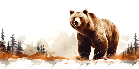 A bear is in the mountains and the word bear is on the bottom right.A bear in the mountains with a mountain in the background
