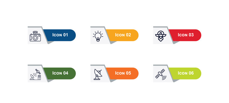 outline icons set from technology concept. editable vector included camera front view, bulb, science fiction, satellite transmission, dish, spotlights icons.