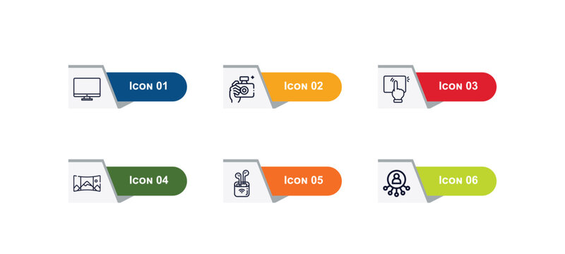 outline icons set from technology concept. editable vector included simple screen, photograph camera, touchscreen, panoramic, wireless gadget, telephone connector icons.