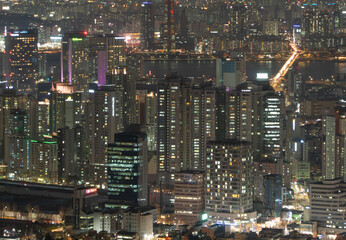 Fototapeta premium Aerial view of Seoul Downtown Skyline, South Korea. Financial district and business centers in smart urban city in Asia. Skyscraper and high-rise buildings.