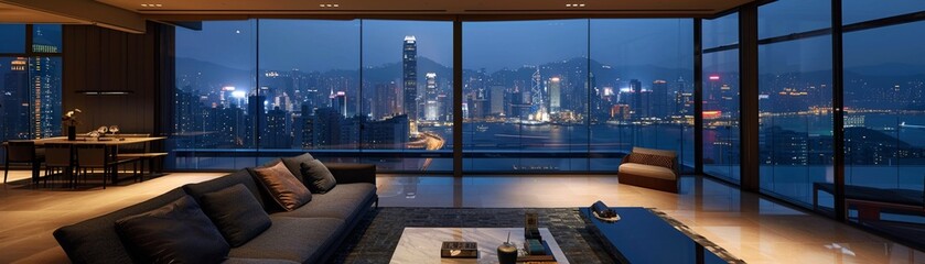 Modern serene apartment offering panoramic views of the citys night glow