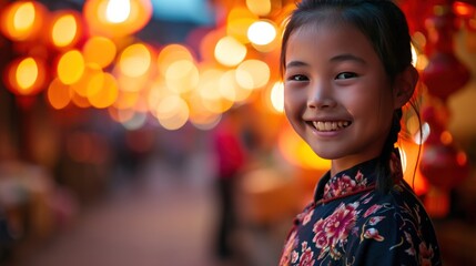 A little girl in traditional clothing in lantern festival in street to celebrate Chinese lunar new year. - obrazy, fototapety, plakaty