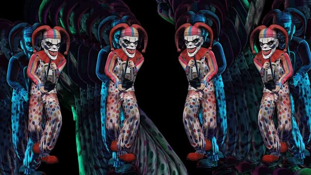 Creepy seamless animation of horror clowns with a chainsaw. Halloween background of a terror character with psychedelic echo effect