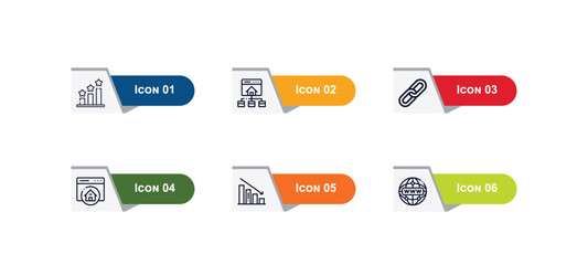 outline icons set from search engine optimization concept. editable vector included ranking, sitemap, link, home page, graphic, domain registration icons. - obrazy, fototapety, plakaty