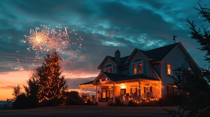 Fireworks show over a single family house in sky for holiday celebration.