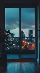 Peaceful urban evening seen through the expansive windows of a sleek vacant apartment