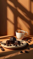 Obraz na płótnie Canvas coffee beans and chocolates with hyper-realistic precision against a shadowy background, framed from a frontal viewpoint on a product backdrop