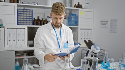 A young caucasian man with a beard reads a manual in a white laboratory coat indoors at a science...