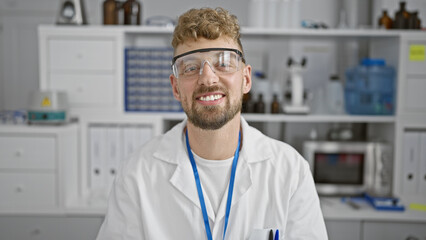 Caucasian man with blue eyes, beard, and glasses smiles in a laboratory setting wearing a white lab...
