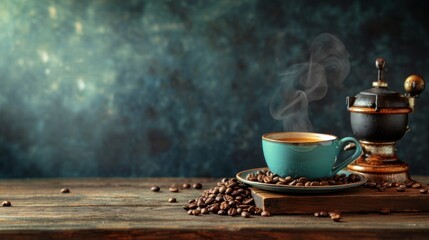 Close-up view of a cup of coffee on table. - obrazy, fototapety, plakaty