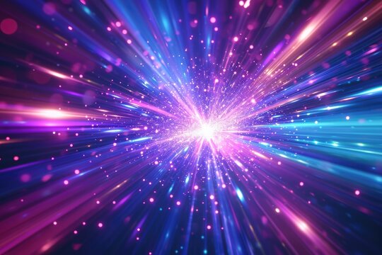 Geometric background with purple and blue lines representing data flow and motion.