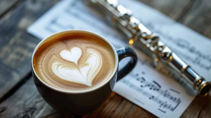 Foto op Plexiglas Coffee with heart shape latte art and music sheet flute on wooden table. © rabbit75_fot