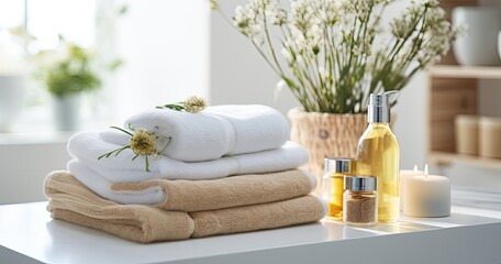 Fototapeta na wymiar Bath towels with beauty treatment products setting in spa center in white room,