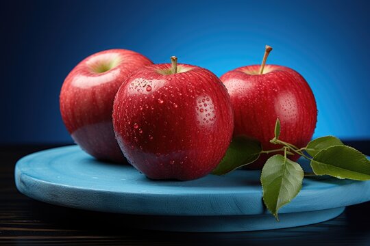 Close the photo of three fresh apples on the blue wooden plate., generative IA