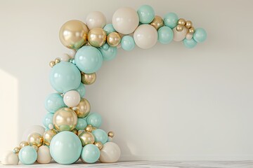 Cyan and gold balloons and arch, in the style of matte background, white and beige
