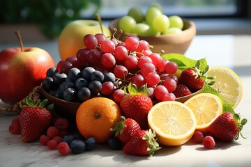 Naklejka na ściany i meble Fresh tasty ripe fresh fruit fruits on a white table, generative IA