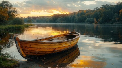 a small wooden boat pulled up onto the shore of a lake, surrounded by the fading light of dusk.