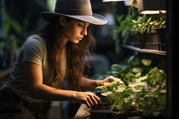 Young woman taking care of the plants. Brunette with a hat and gloves. Woman uses , generative IA - obrazy, fototapety, plakaty