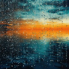 Cyan and orange abstract reflection dj background, in the style of pointillist seascapes