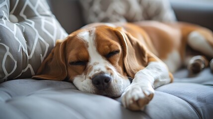 Fototapeta premium Adorable Beagle Snoozing Peacefully on Cozy Sofa