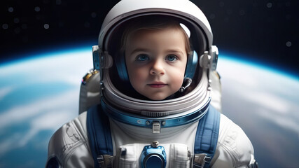 Baby boy astronaut in spacesuit floating in outer space. Earth planet on background. Designed for fantastic, futuristic, science or space travel backgrounds. Earth day cosmonautics day concept - obrazy, fototapety, plakaty