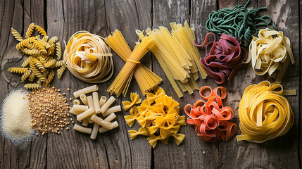 Assorted Pasta Shapes on Wooden Background