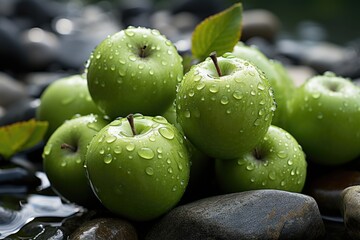Fresh mature green apples placed on a stone surface., generative IA