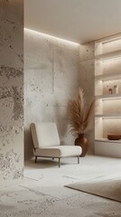 A sleek minimalist chair in a serene room with a striking concrete accent wall and soft lighting highlighting simplicity