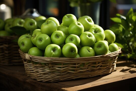 Tasty green apples in the wooden basket. high quality photo, generative IA