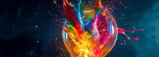 Light bulb explodes with colorful paint and splashes. Think differently creative idea concept - obrazy, fototapety, plakaty