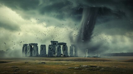 A twister funnel touching down on famous Stonehenge ancient mystery site in England UK. - obrazy, fototapety, plakaty